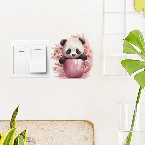 Adesivo da Parete Panda Cartone Animato in Tazza Rosa Adesivo per Interruttore Rimovibile per Soggiorno Camera da Letto
