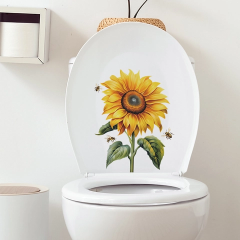 Pegatinas de Pared de Girasol y Abeja PVC Impermeable Calcomanías de Inodoro Removibles Decoración Floral para el Hogar