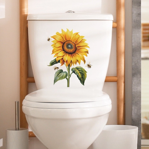 Pegatinas de Pared de Girasol y Abeja PVC Impermeable Calcomanías de Inodoro Removibles Decoración Floral para el Hogar