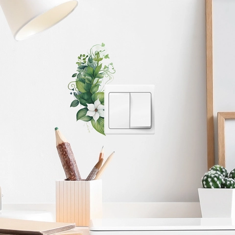 Tropical Green Plant Leaf White Flower Switch Sticker Removable PVC Self-Adhesive Wall Decal For Home Living Room Decor