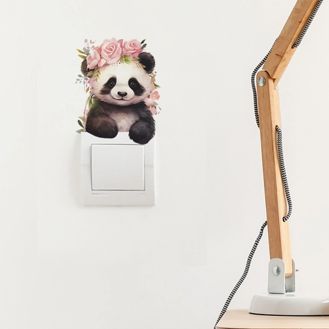 Süßer Cartoon Panda Mit Rosa Rose Blume Wandaufkleber PVC Selbstklebend Tier Schalter Aufkleber Für Kinderzimmer Deko