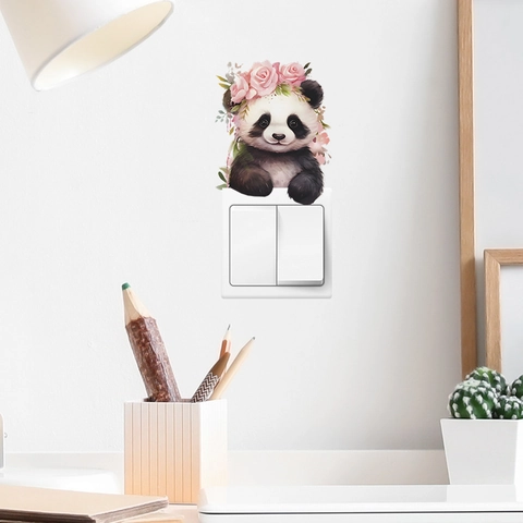 Süßer Cartoon Panda Mit Rosa Rose Blume Wandaufkleber PVC Selbstklebend Tier Schalter Aufkleber Für Kinderzimmer Deko