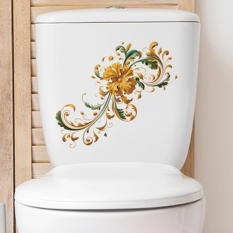 European Baroque Floral Toilet Lid Sticker Vintage Gold Green PVC Self Adhesive Waterproof Bathroom Decorative Wall Decal Home Decor