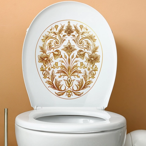 Sticker de Couvercle de Toilette Floral Baroque Doré Vintage Imperméable en PVC Décalcomanie Murale de Salle de Bain Auto-adhésif
