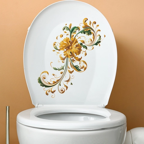 European Baroque Floral Toilet Lid Sticker Vintage Gold Green PVC Self Adhesive Waterproof Bathroom Decorative Wall Decal Home Decor