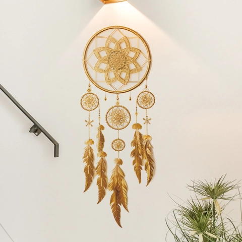 Vintage Golden Dreamcatcher Feather PVC Wall Sticker Self Adhesive Mandala Boho Style Wall Decal For Bedroom Home Decor