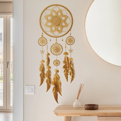 Vintage Golden Dreamcatcher Feather PVC Wall Sticker Self Adhesive Mandala Boho Style Wall Decal For Bedroom Home Decor