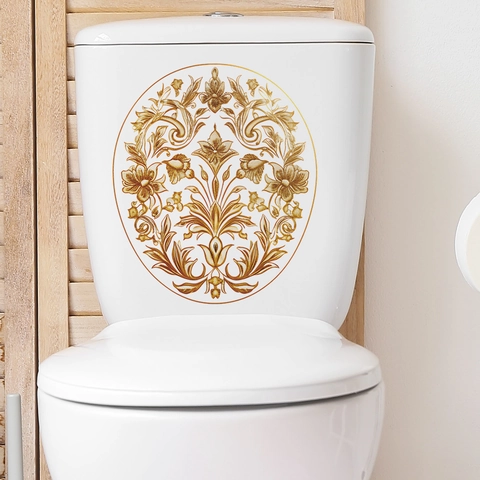 Sticker de Couvercle de Toilette Floral Baroque Doré Vintage Imperméable en PVC Décalcomanie Murale de Salle de Bain Auto-adhésif