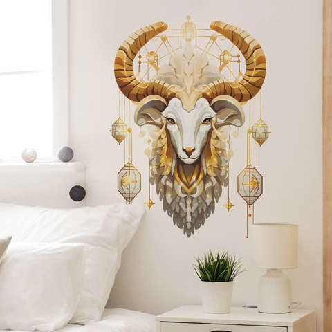 Moderner Geometrischer Goldener Ziegenkopf Wandtattoo Mit Mandala-Mustern Und Hängenden Laternen Abnehmbares PVC Wandbild Für Eid