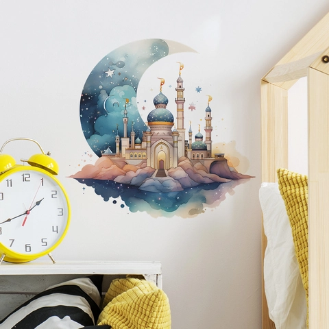Sticker Mural Aquarelle Château Onirique Lune Étoiles Pour Chambre d'Enfant Salon Décalcomanie Décorative PVC Style Islamique Art