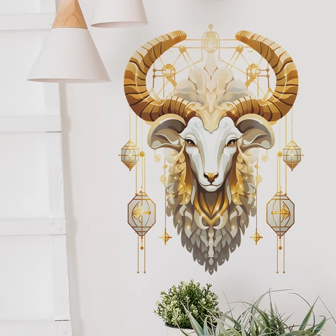 Moderner Geometrischer Goldener Ziegenkopf Wandtattoo Mit Mandala-Mustern Und Hängenden Laternen Abnehmbares PVC Wandbild Für Eid