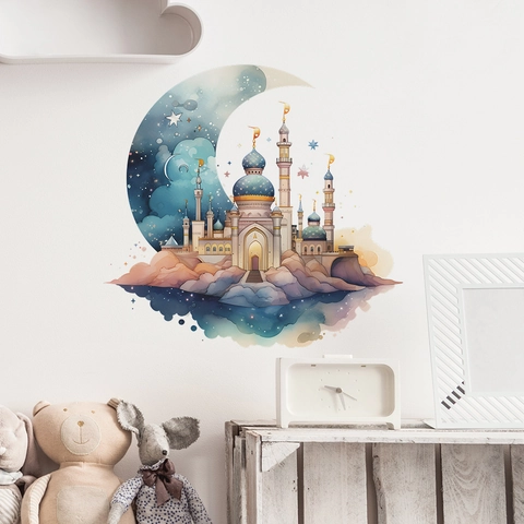 Sticker Mural Aquarelle Château Onirique Lune Étoiles Pour Chambre d'Enfant Salon Décalcomanie Décorative PVC Style Islamique Art