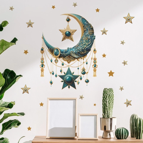 Bohemian Gold Teal Moon Star Wall Stickers Jewelry Style PVC Printed Decals For Bedroom Living Room Home Wall Decor FX-E306