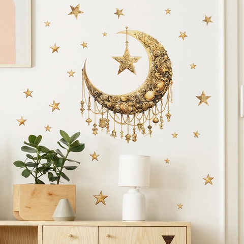 Gold Mond Stern Laterne Wandsticker Ramadan Eid Festival PVC Abnehmbares Dekor Barock Relief Stil Home Decor Wandbild