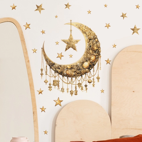 Gold Mond Stern Laterne Wandsticker Ramadan Eid Festival PVC Abnehmbares Dekor Barock Relief Stil Home Decor Wandbild