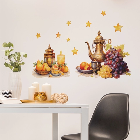 Adesivo Murale Cucina Ramadan Eid Medio Orientale Modello Teiera Frutta Decalcomania Decorativa PVC per Soggiorno Casa