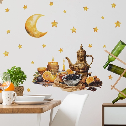Watercolor Ramadan Moon Star Wall Stickers PVC Eid Mubarak Festive Decals For Living Room Bedroom Home Decoration