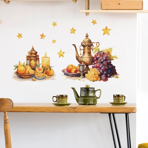 Adesivo Murale Cucina Ramadan Eid Medio Orientale Modello Teiera Frutta Decalcomania Decorativa PVC per Soggiorno Casa