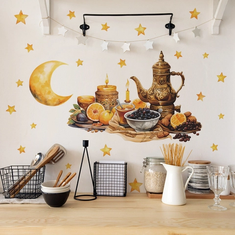 Watercolor Ramadan Moon Star Wall Stickers PVC Eid Mubarak Festive Decals For Living Room Bedroom Home Decoration