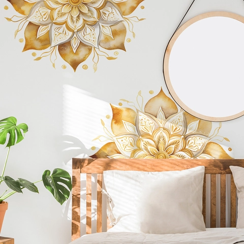 Goldenes Aquarell Mandala Wandtattoo Abnehmbares PVC Kunstdekor Böhmisch Floral Wohnkultur Für Wohnzimmer Schlafzimmer Hintergrund