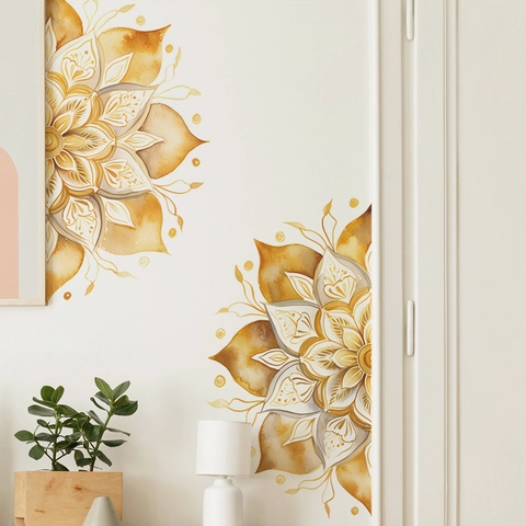 Goldenes Aquarell Mandala Wandtattoo Abnehmbares PVC Kunstdekor Böhmisch Floral Wohnkultur Für Wohnzimmer Schlafzimmer Hintergrund
