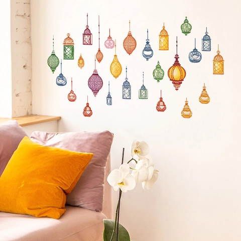 Pegatinas de Pared de Linterna Pintada de Color Estilo Marroquí Creativas PVC DIY Decorativas Lámpara Colgante Calcomanías Para Dormitorio Sala