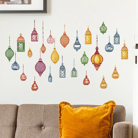 Pegatinas de Pared de Linterna Pintada de Color Estilo Marroquí Creativas PVC DIY Decorativas Lámpara Colgante Calcomanías Para Dormitorio Sala