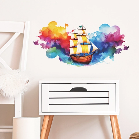 Adesivo da Parete Barca a Vela Acquerello per Camera da Letto Soggiorno Artistico Removibile PVC Decorazione Murale Casa