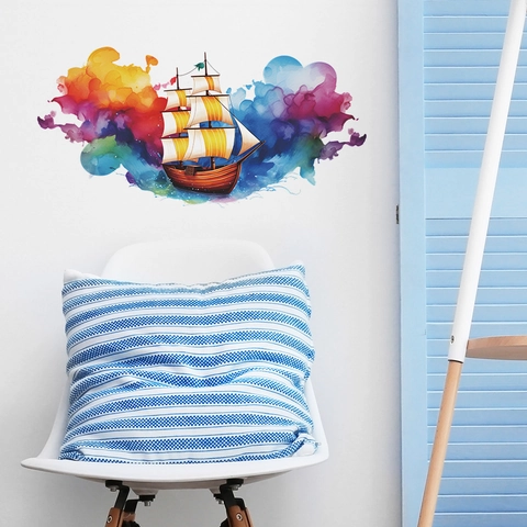 Adesivo da Parete Barca a Vela Acquerello per Camera da Letto Soggiorno Artistico Removibile PVC Decorazione Murale Casa
