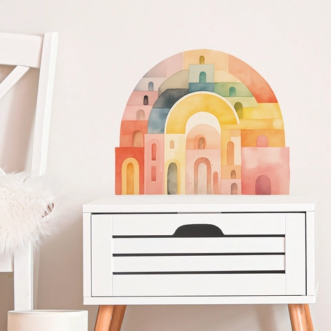 Watercolor Rainbow Castle Wall Sticker PVC Self-Adhesive Mural Abstract City Building Art Decal for Kids Bedroom Nursery Decor