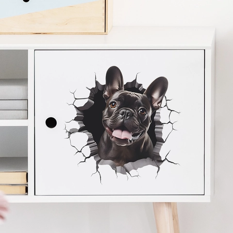 3D Franse Bulldog Muursticker Realistisch Door de Muur Effect PVC Waterdicht Huis Decoratie Badkamer Slaapkamer Muurschildering