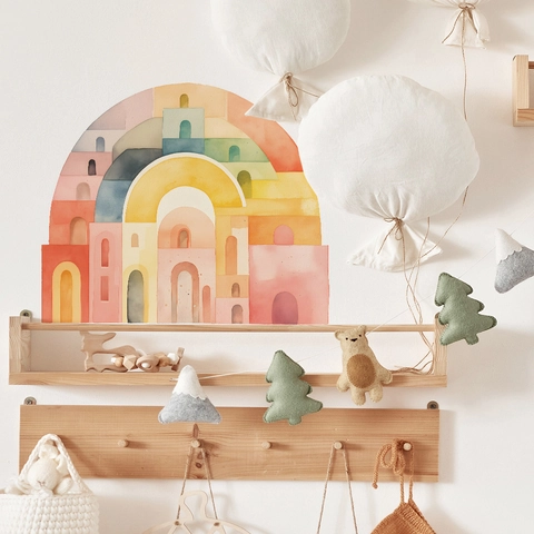 Watercolor Rainbow Castle Wall Sticker PVC Self-Adhesive Mural Abstract City Building Art Decal for Kids Bedroom Nursery Decor