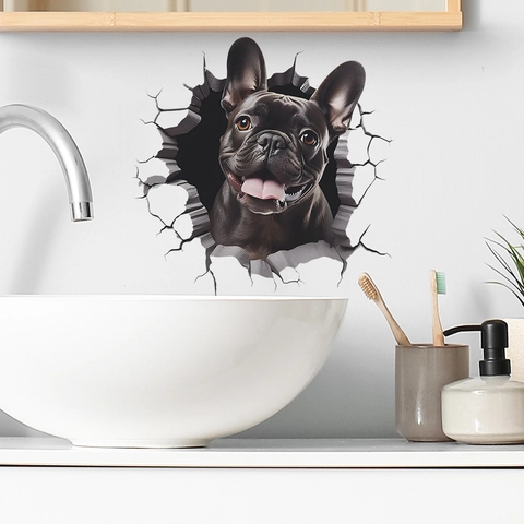 3D Franse Bulldog Muursticker Realistisch Door de Muur Effect PVC Waterdicht Huis Decoratie Badkamer Slaapkamer Muurschildering