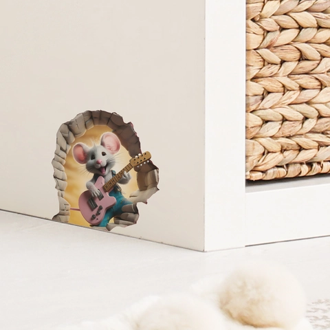 Adesivo Murale 3D Stereoscopico Topo Cartone Animato Che Suona La Chitarra Per Camera Dei Bambini Soggiorno Decorazione Casa