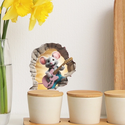 Adesivo Murale 3D Stereoscopico Topo Cartone Animato Che Suona La Chitarra Per Camera Dei Bambini Soggiorno Decorazione Casa
