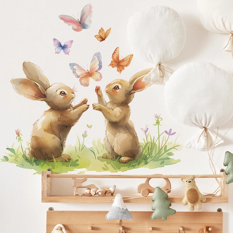 Aquarel Konijn En Vlinder Muurstickers Voor Kinderkamer Kleuterschool PVC Verwijderbare Zelfklevende Muurstickers