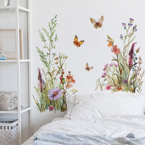 Adesivi da Parete Acquerello Fiori e Farfalle in PVC Autoadesivi Fiori Adesivi Murali per Cameretta Bambini Decorazione Casa