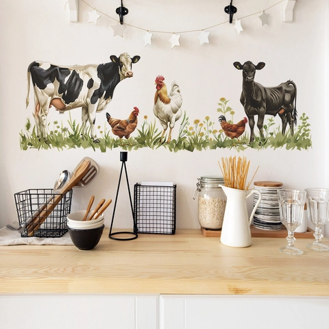Farmtiere Wandaufkleber Wasserdicht PVC Kuh Huhn Gras Muster Aufkleber Für Kinderzimmer Küche Schlafzimmer Deko 35x98cm
