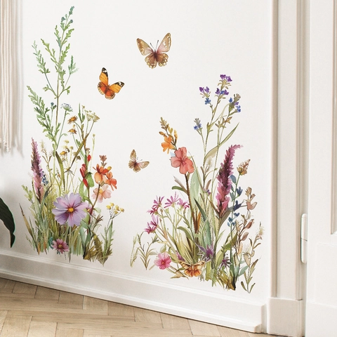 Adesivi da Parete Acquerello Fiori e Farfalle in PVC Autoadesivi Fiori Adesivi Murali per Cameretta Bambini Decorazione Casa