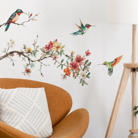 Kolibrie Bloemen Tak Muurstickers Zelfklevend Verwijderbaar PVC Kunst Decor Voor Slaapkamer Kinderkamer Modern Home Decor