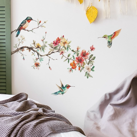 Kolibrie Bloemen Tak Muurstickers Zelfklevend Verwijderbaar PVC Kunst Decor Voor Slaapkamer Kinderkamer Modern Home Decor