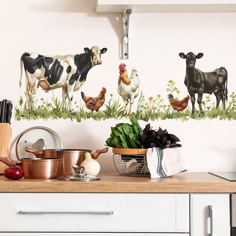 Farmtiere Wandaufkleber Wasserdicht PVC Kuh Huhn Gras Muster Aufkleber Für Kinderzimmer Küche Schlafzimmer Deko 35x98cm