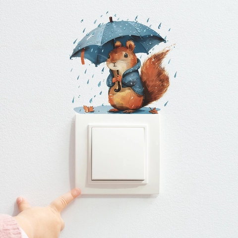 Simpatico Adesivo per Interruttore della Luce Scoiattolo con Ombrello in PVC Impermeabile Decalcomania da Parete Decorativa
