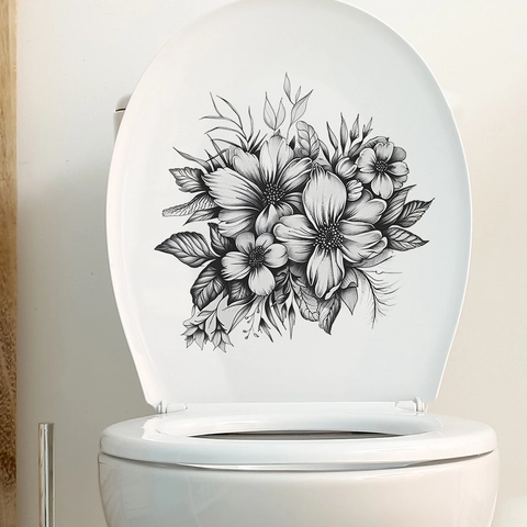 Pegatina de Pared de PVC Autoadhesiva con Patrón de Flores y Hojas en Blanco y Negro para Baño Dormitorio Tapa de Inodoro Decoración del Hogar