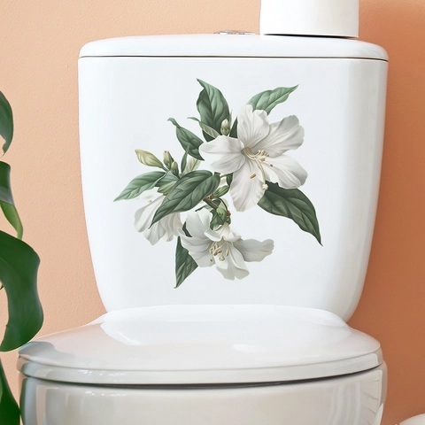 Pegatina de Inodoro de Flor de Lirio Blanco y Hoja Verde Autoadhesiva Impermeable de PVC Calcomanía de Pared para Decoración de Baño