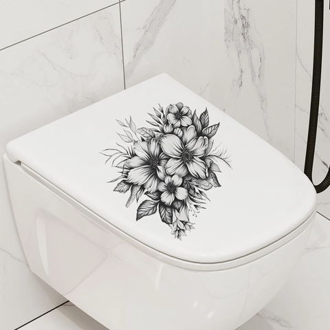 Pegatina de Pared de PVC Autoadhesiva con Patrón de Flores y Hojas en Blanco y Negro para Baño Dormitorio Tapa de Inodoro Decoración del Hogar
