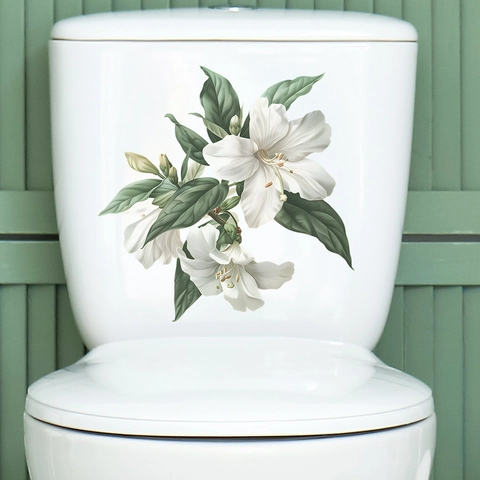 Pegatina de Inodoro de Flor de Lirio Blanco y Hoja Verde Autoadhesiva Impermeable de PVC Calcomanía de Pared para Decoración de Baño