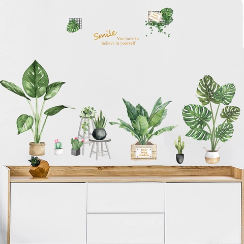 Adesivi Murali in Stile Nordico Piante Verdi in Vaso PVC Impermeabile Foglia Monstera Cactus Per Soggiorno Casa