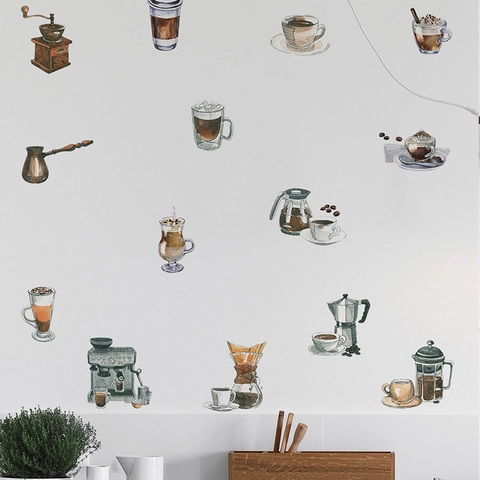Adesivi Murali Tema Caffè Acquerello In PVC Rimovibile Decalcomanie Arte Per Cucina Bar Decorazione Tazze Chicchi