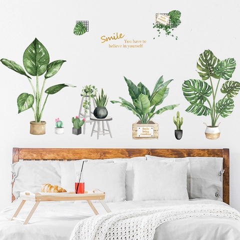 Adesivi Murali in Stile Nordico Piante Verdi in Vaso PVC Impermeabile Foglia Monstera Cactus Per Soggiorno Casa
